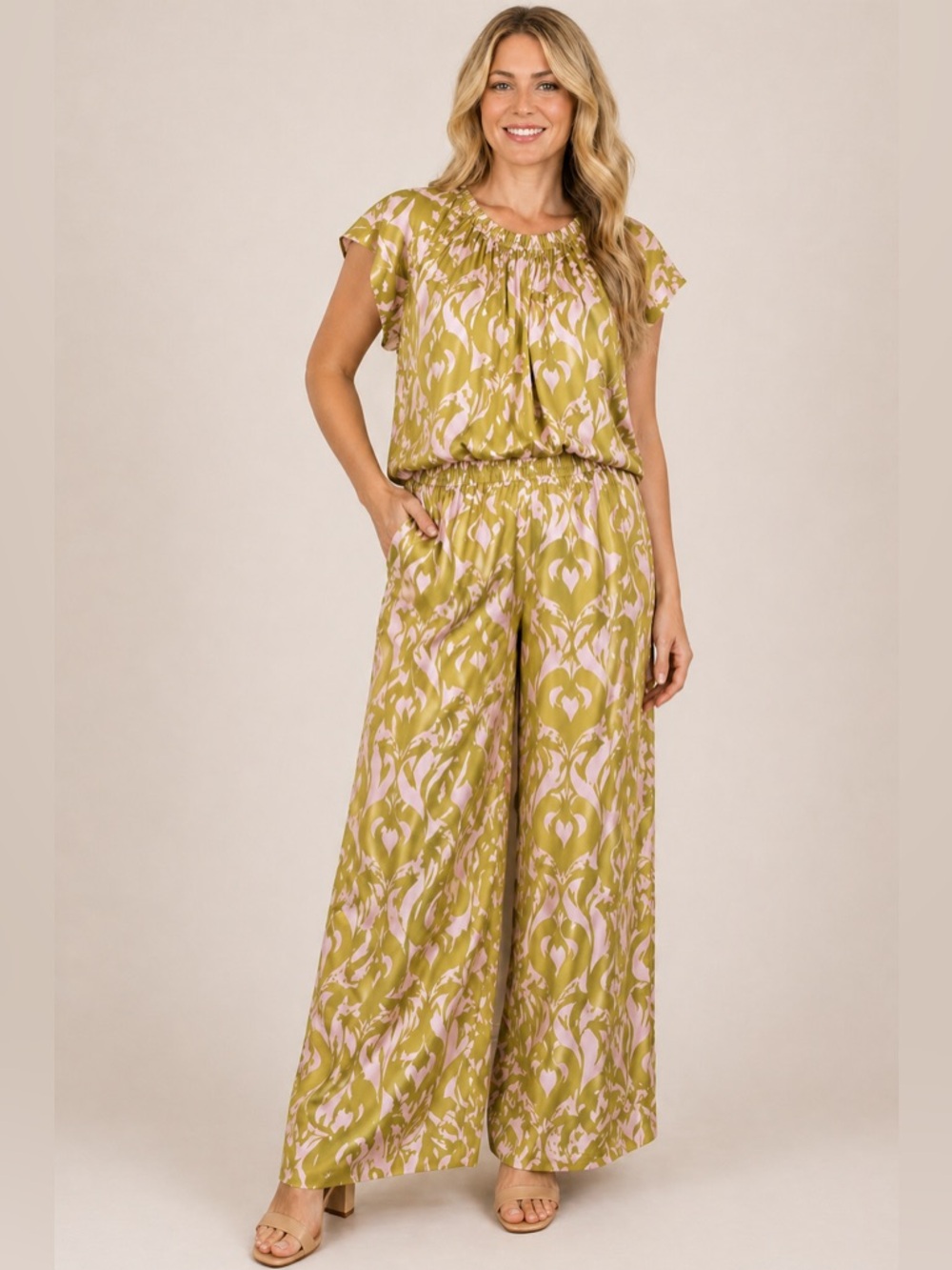 WORTHINGTON Pink Green Tropical 2PC Wide Leg Pants Set NWT Top XL Pants XXL